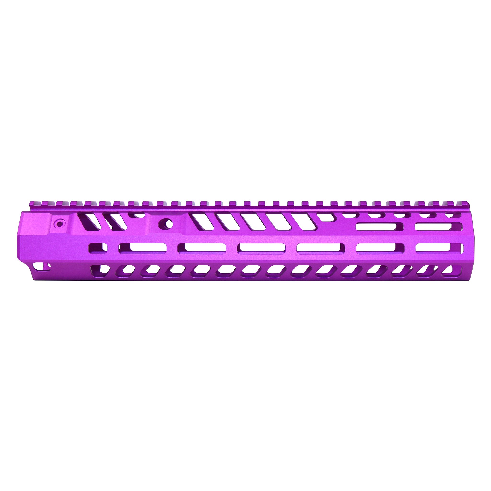 Anodized purple 12-inch M-LOK handguard with skeletonized cutouts and top rail