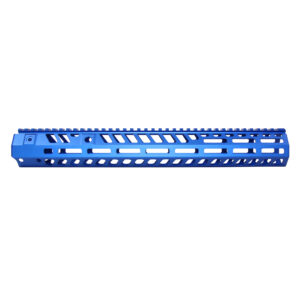 Anodized blue 15-inch skeletonized handguard with M-LOK slots and top rail