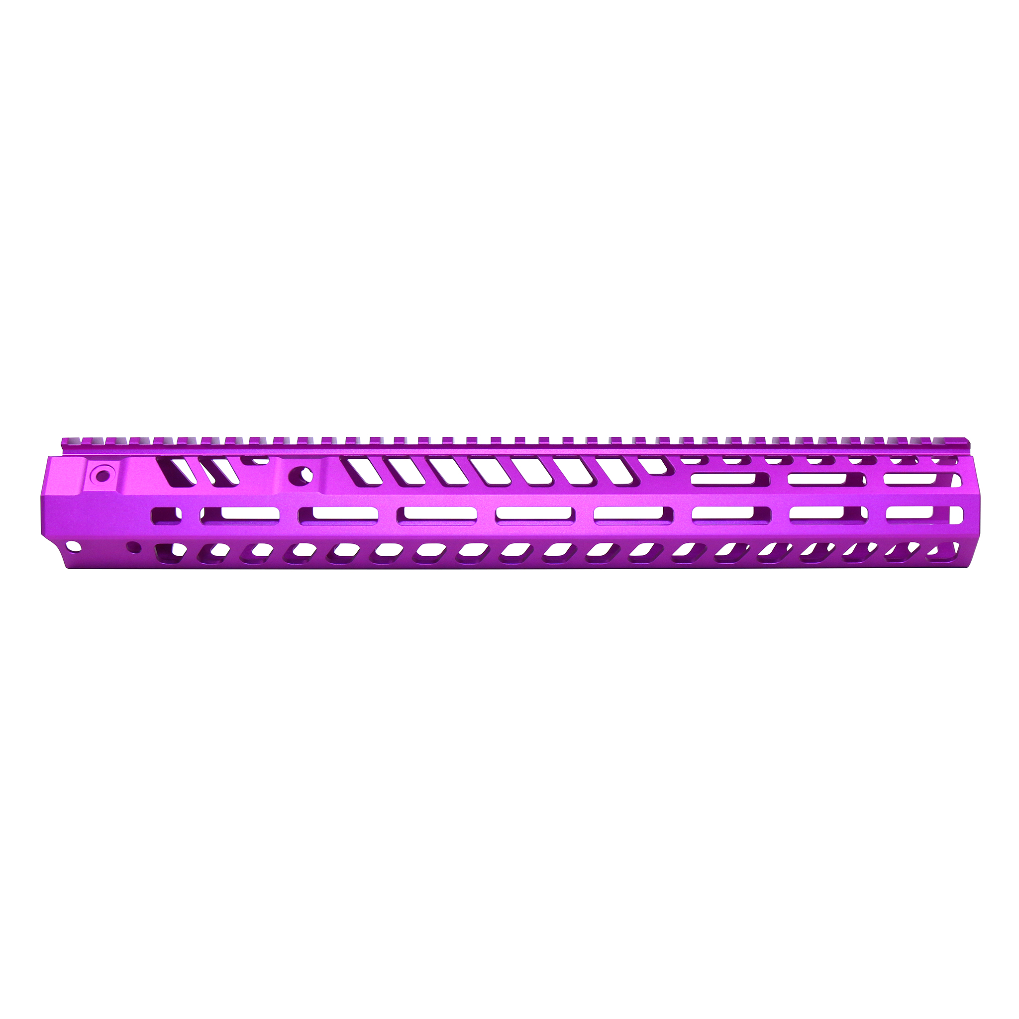 Anodized purple 15-inch skeletonized handguard with M-LOK slots and top rail