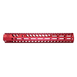 Anodized red 15-inch M-LOK handguard with skeletonized design and top rail