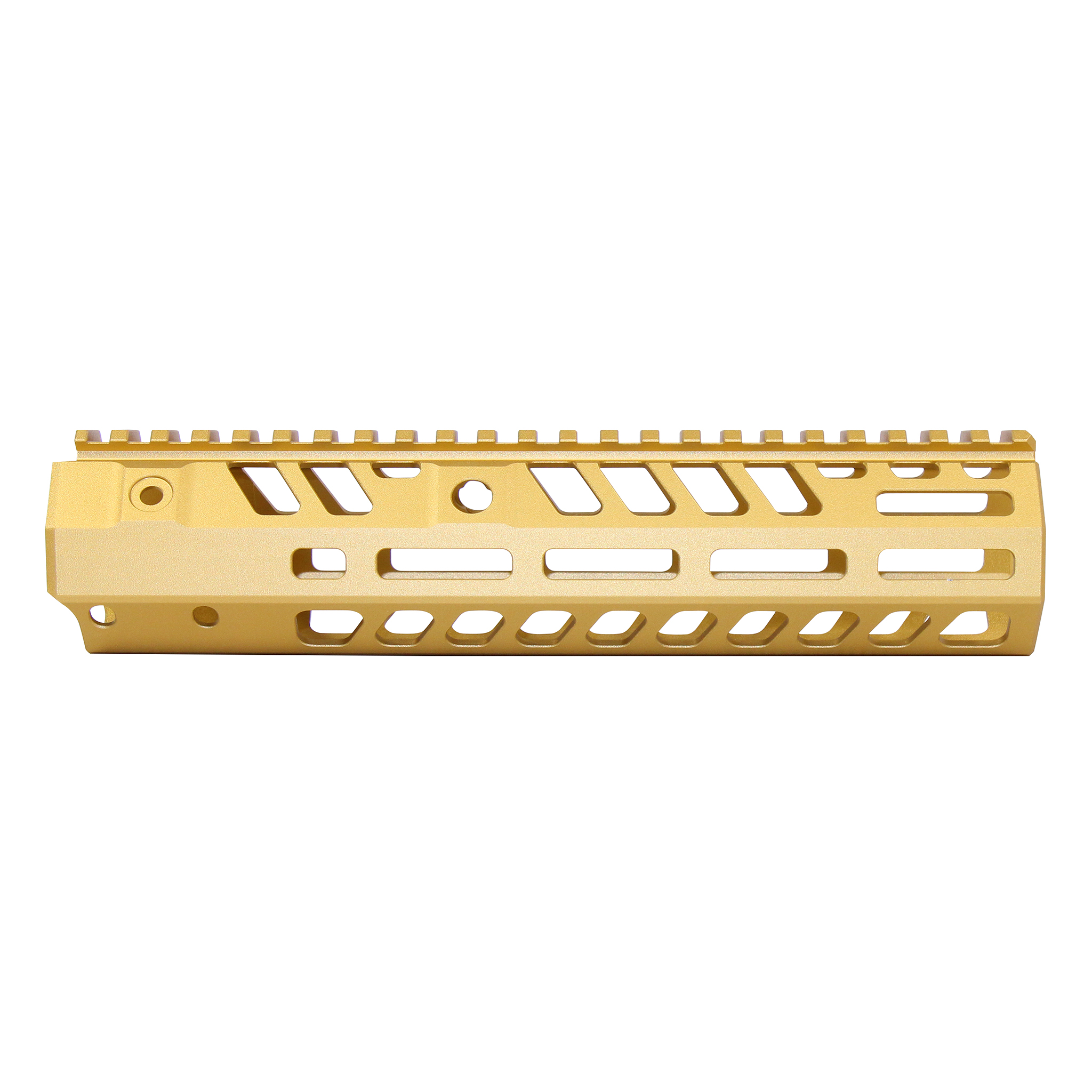Anodized gold 9-inch skeletonized handguard with M-LOK slots and full-length top rail