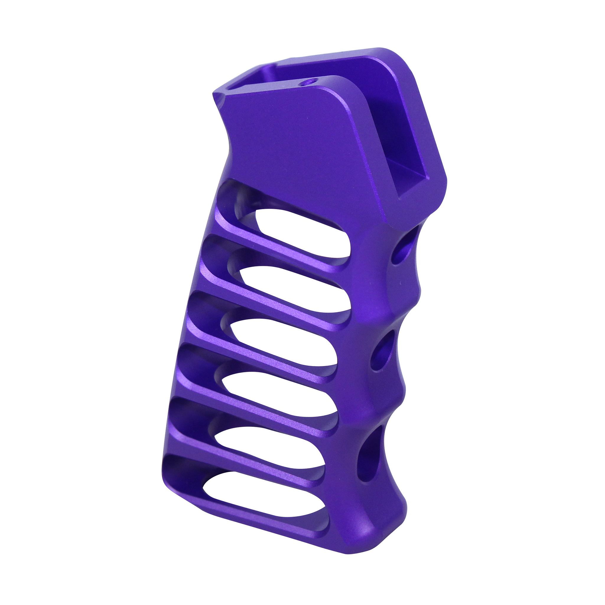 Anodized Royal Purple skeletonized aluminum pistol grip with finger grooves