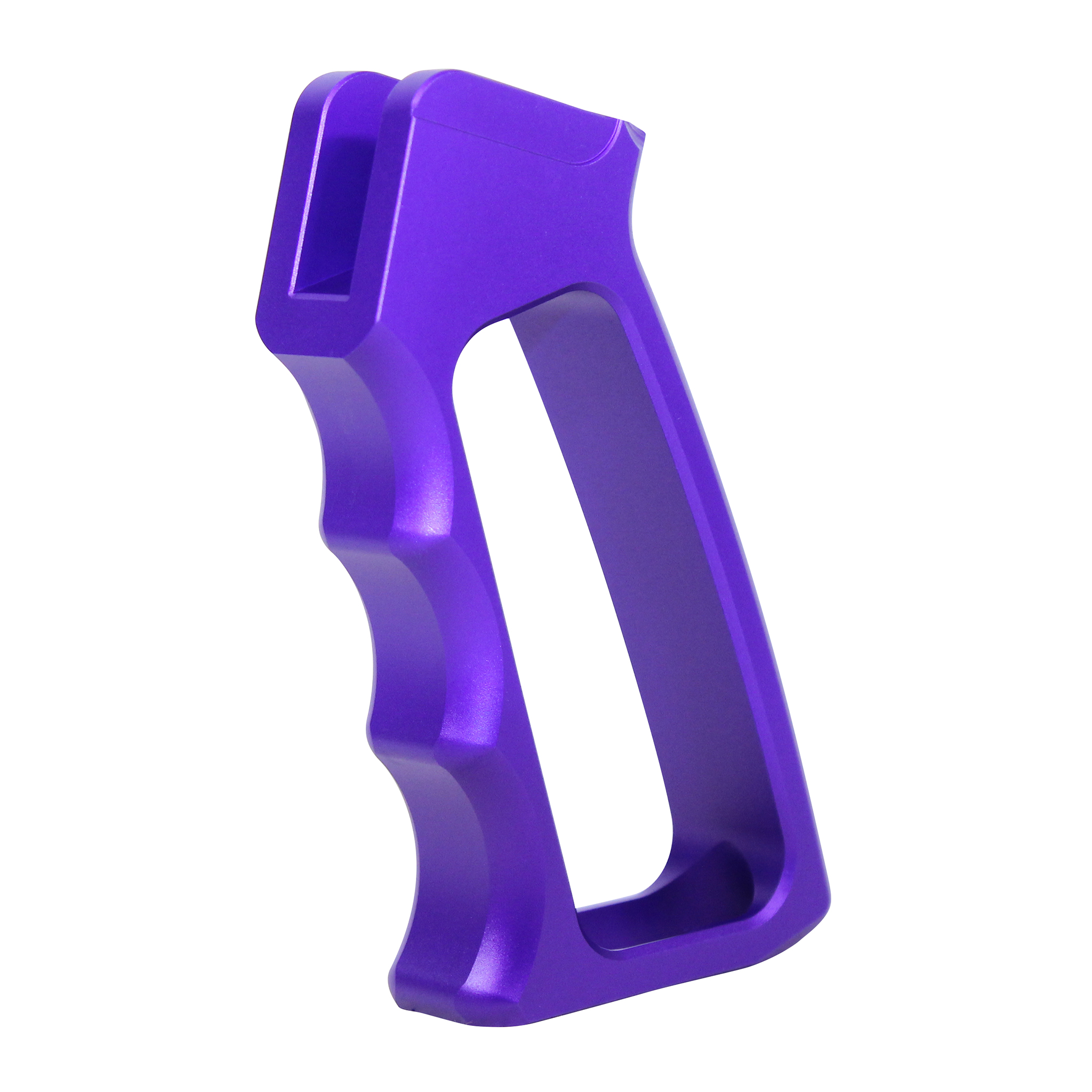 Anodized Royal Purple skeletonized aluminum pistol grip with finger grooves