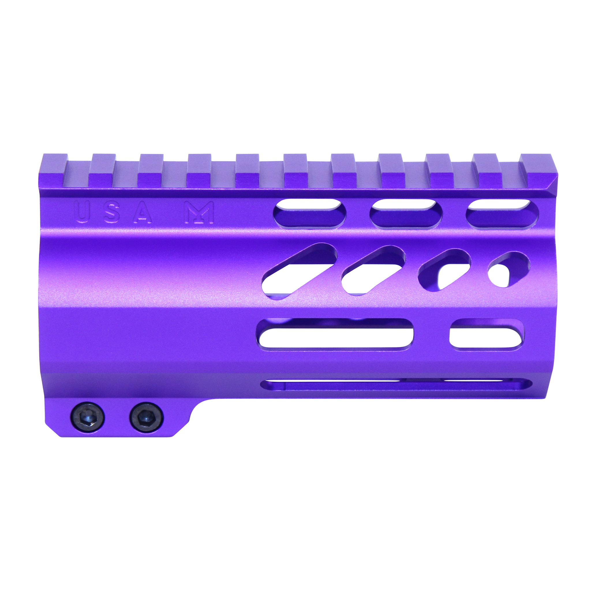 Royal purple 4-inch M-LOK handguard with monolithic top rail and skeletonized side cuts