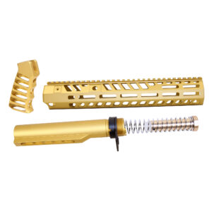 Anodized gold AR-15 12-inch Socom series build kit including handguard, pistol grip, and buffer tube assembly