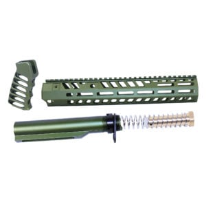 Anodized green AR-15 12 inch Socom Series build kit showing handguard, pistol grip, and buffer tube assembly