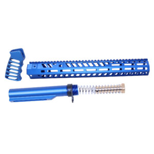 Anodized blue AR-15 15-inch Socom series build kit components including handguard, buffer tube, and pistol grip