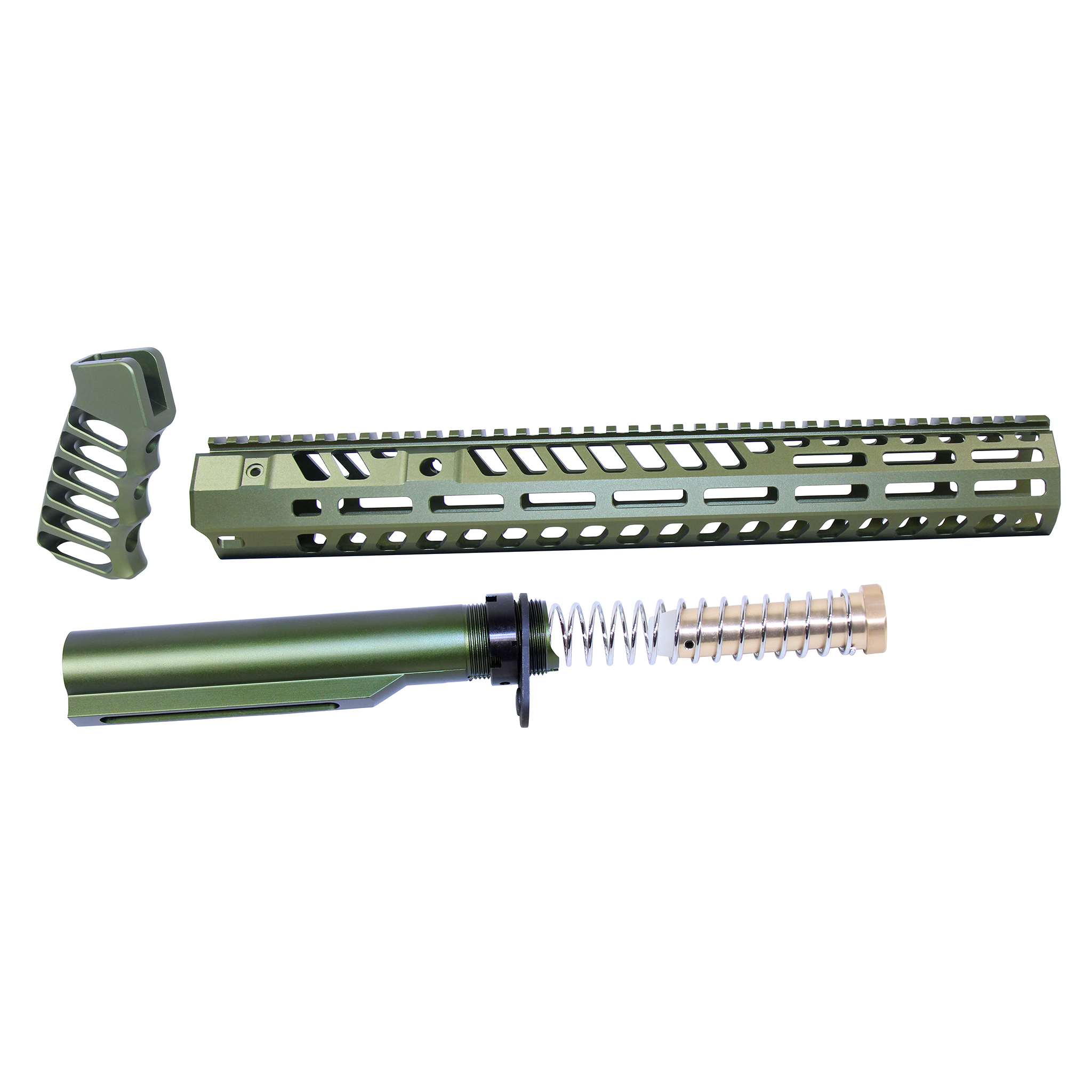 Anodized green AR-15 15-inch Socom series build kit including handguard, pistol grip, and buffer tube assembly
