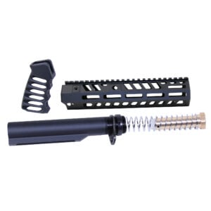 AR-15 9" Socom Series Build Kit in Anodized Black showing pistol grip, buffer tube, and spring assembly