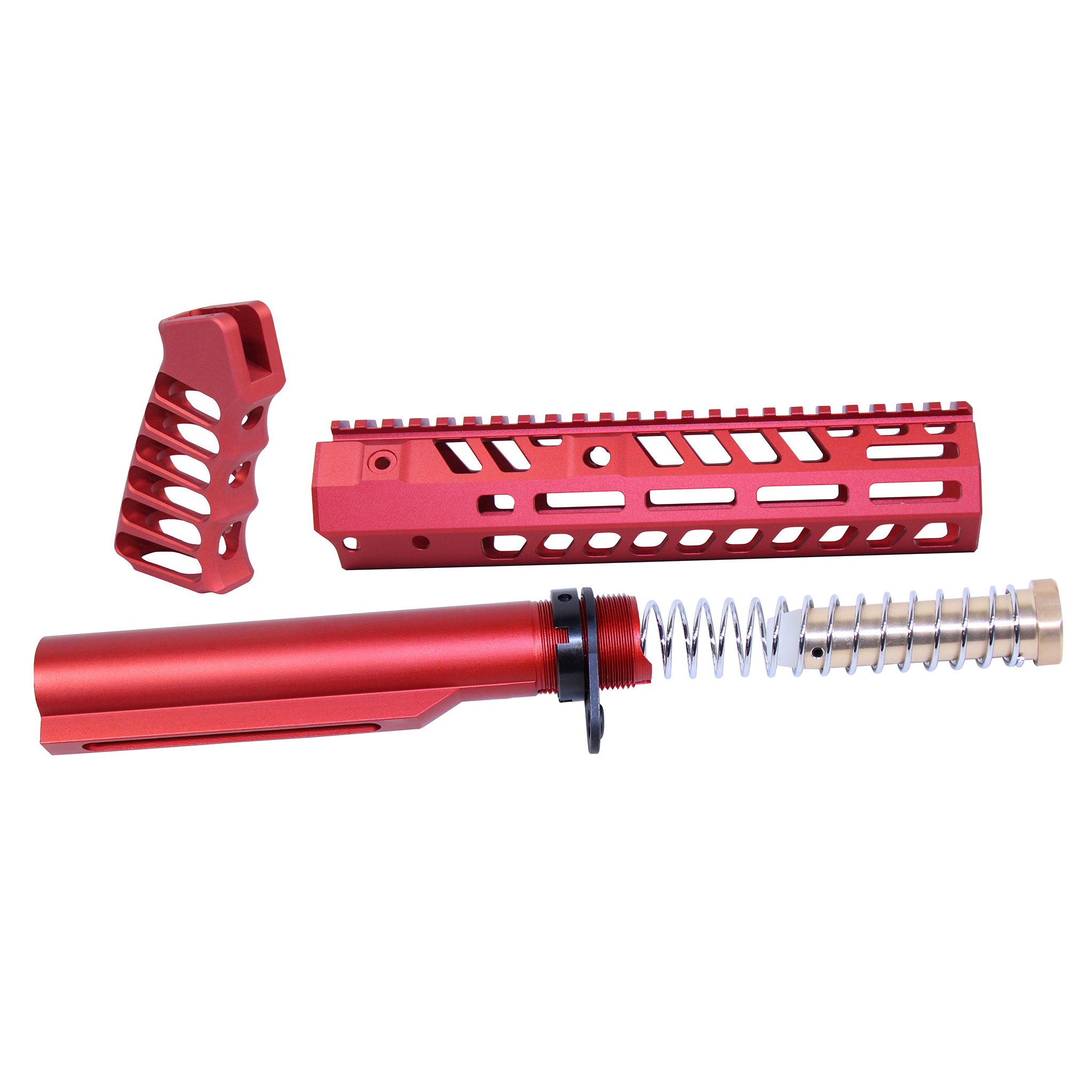 Anodized red AR-15 Socom Series 9-inch build kit including buffer tube, handguard, and pistol grip