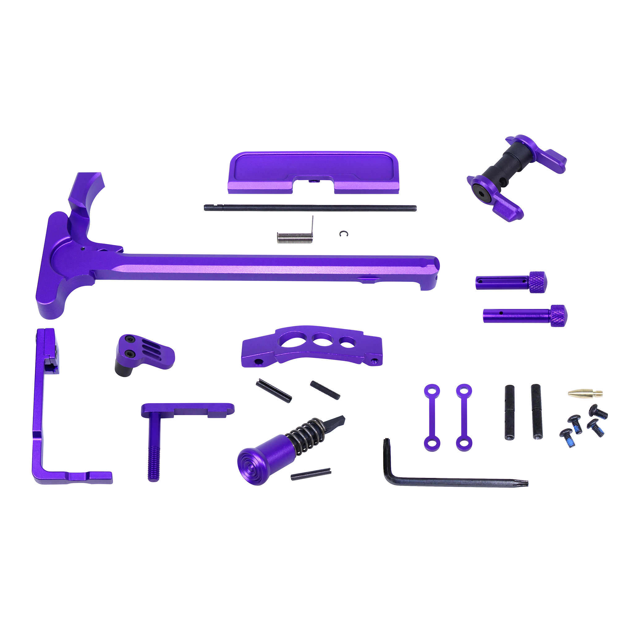AR-15 Accent Kit in Anodized Royal Purple finish, showing multiple components laid out on a white background