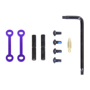 Anodized Royal Purple trigger and hammer pins, black pins, screws, and Allen key for AR-15 lower parts
