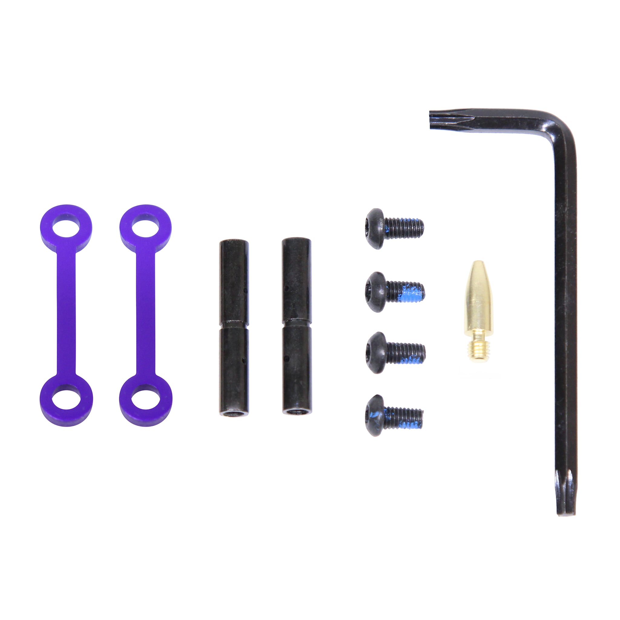 Anodized Royal Purple trigger and hammer pins, black pins, screws, and Allen key for AR-15 lower parts