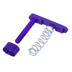 AR-15 Mag Catch Assembly with Extended Mag Button in Anodized Royal Purple finish, showing disassembled components
