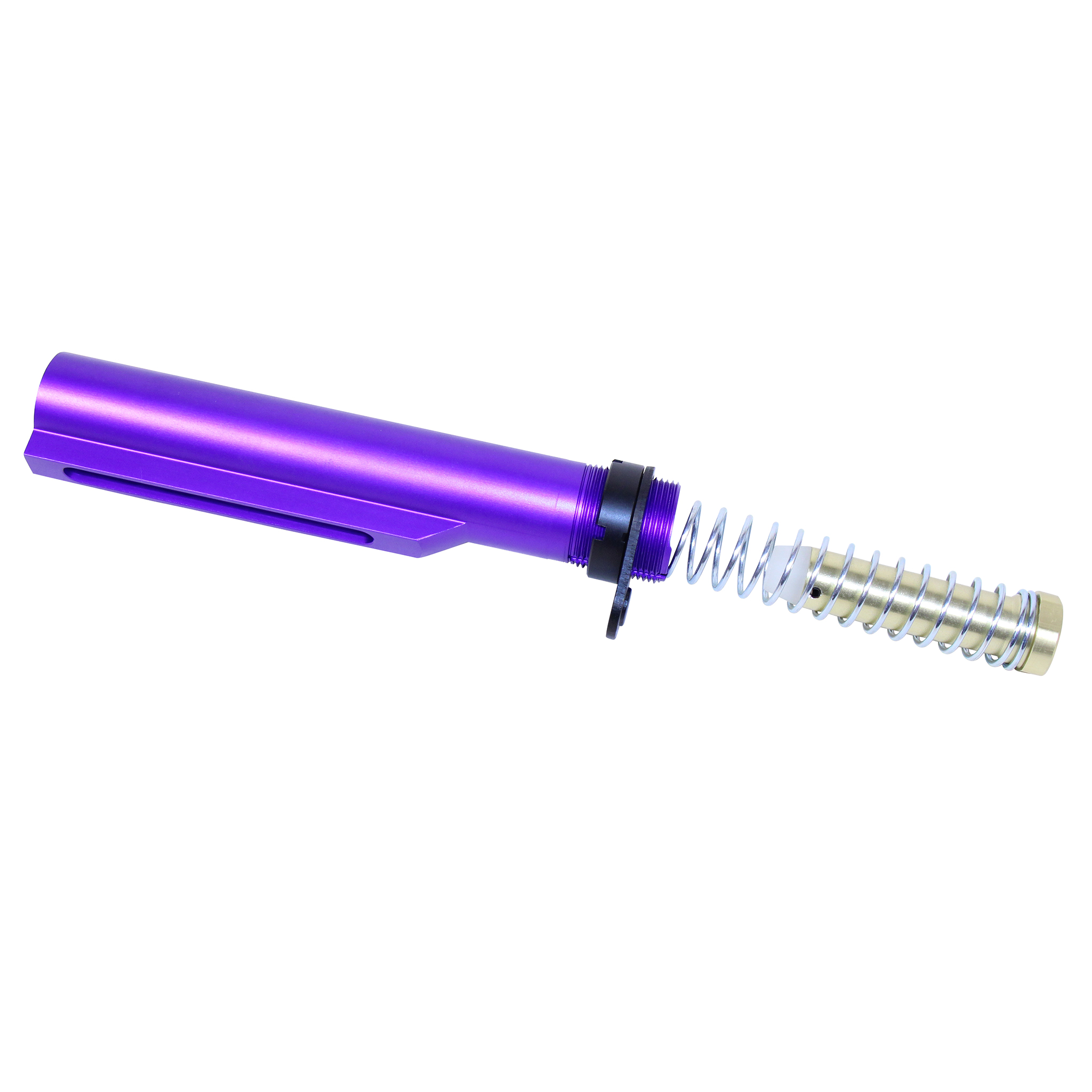 Anodized Royal Purple Mil-Spec buffer tube with castle nut, chrome silicon spring, and buffer